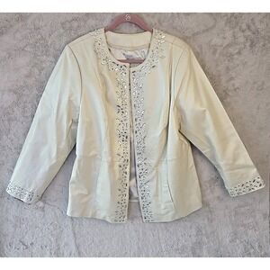 Bradley Bayou Ivory Iridescent Embellish Leather Jacket Rhinestone Women Size XL
